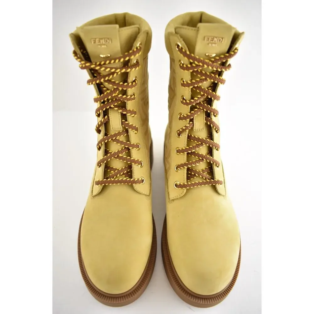 Fendi Filo Beige Nubuck FF Embossed Logo Lace Up Tie Logo Combat Biker Boot 38